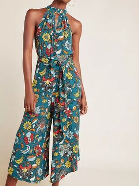 Anthropologie Geneva Halter Wide-Leg Jumpsuit Size XS Teal Green Floral Paisley